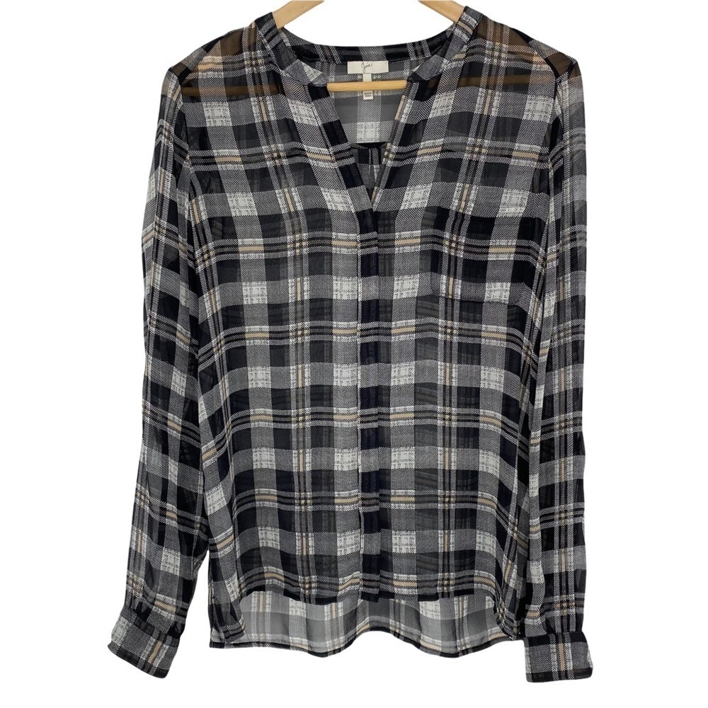 Joie black & white plaid LS sheer top, S